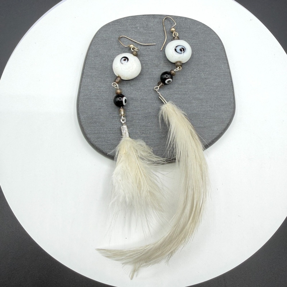 White Black Evil Eye Glass Bead Feather Dangle Earrings Boho Statement Jewelry